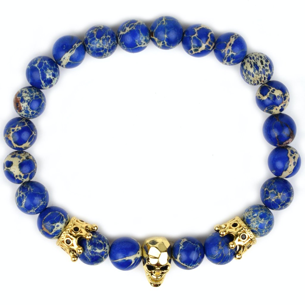 blue mens beaded bracelet gold skull top