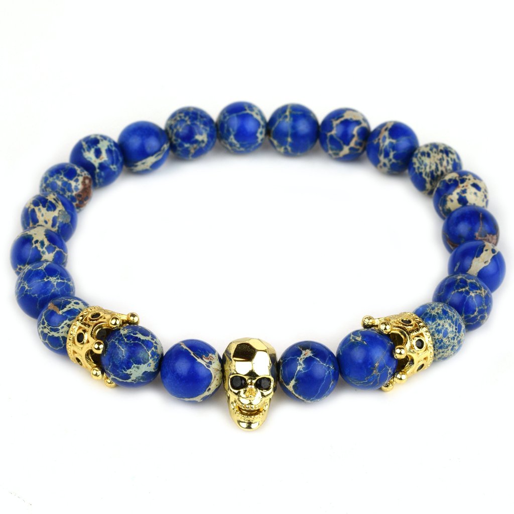 Blue mens beaded bracelet with gold skull front