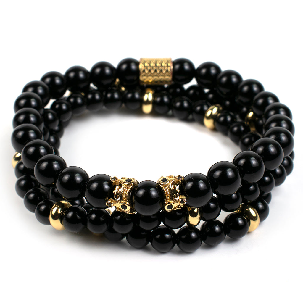 Barcelona Stack // Onyx &amp; Gold Crowned 8mm &amp; 6mm Stretch