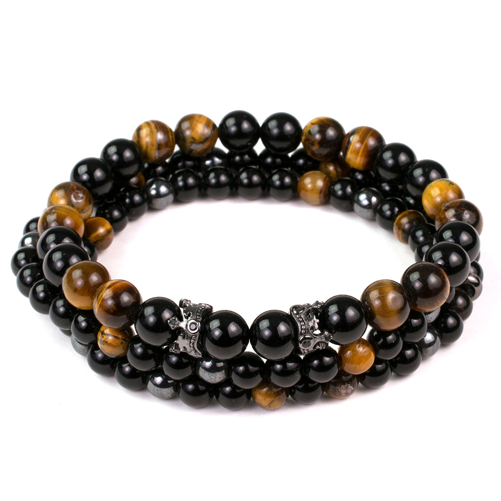 Mens Tiger Eye Black Onyx Stretch Bracelet Stack