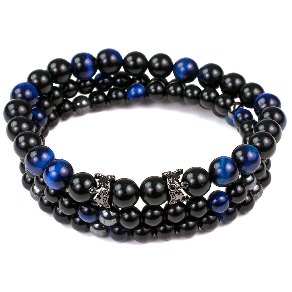 Blue Tiger eye Onyx Mens beaded bracelet stretch